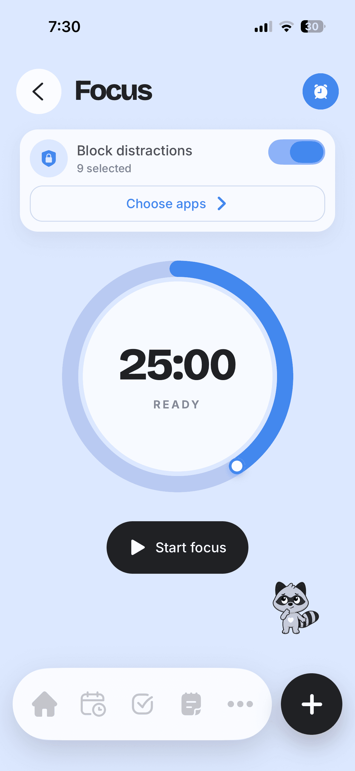 LifePal focus timer ready for a 25 minute focus session
