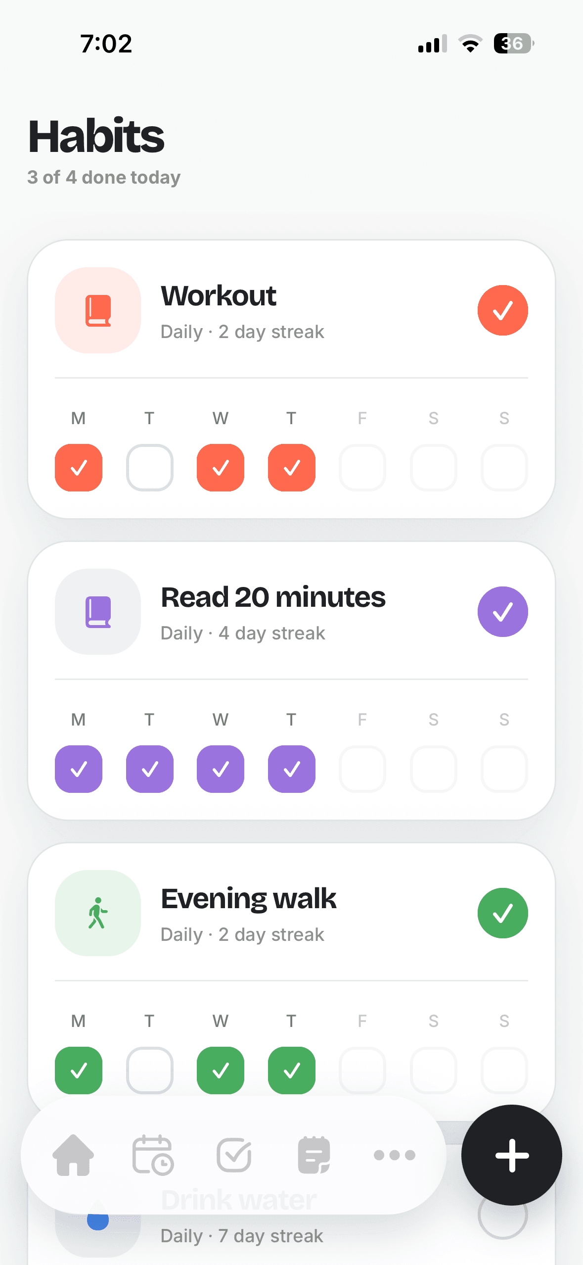 LifePal habit tracker showing daily habits and streaks