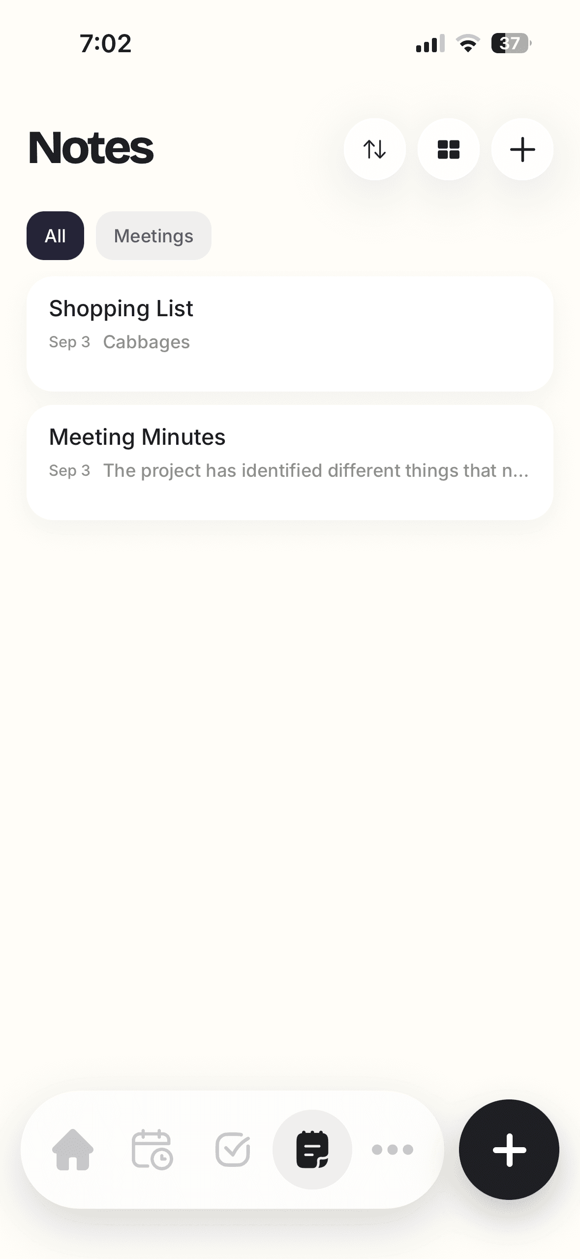LifePal notes list with shopping and meeting notes